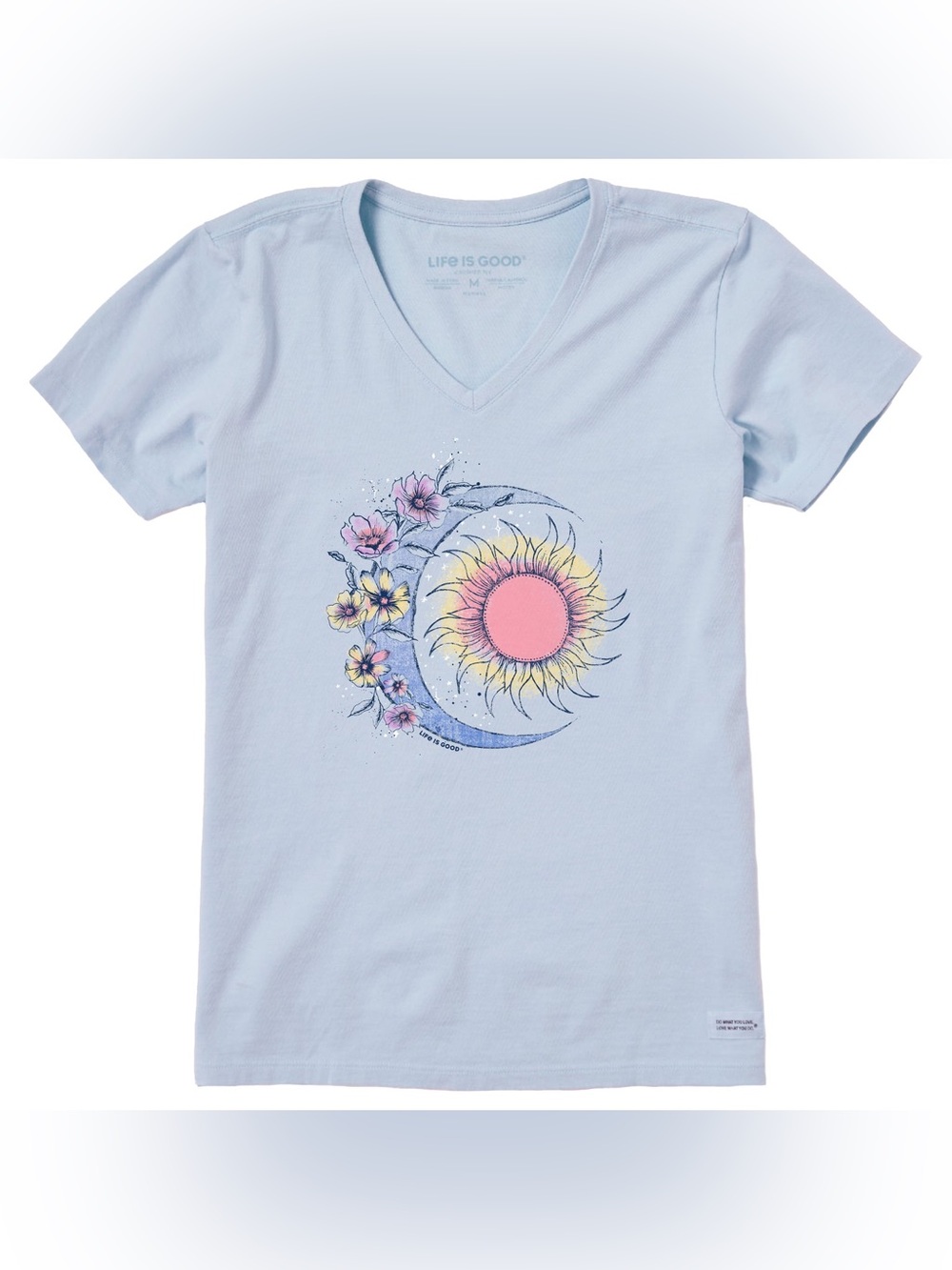 NWT Life is Good Light Blue Sun & Moon V-Neck Crusher Tee XL Boho Hippie
